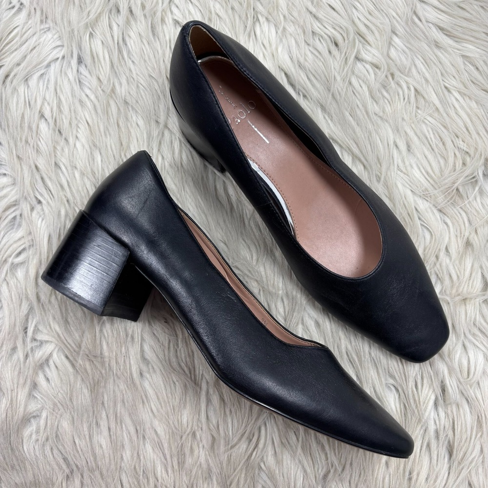 Linea Paolo Women's 9 Black Leather Bryn Square Toe Block‎ Heel Pumps